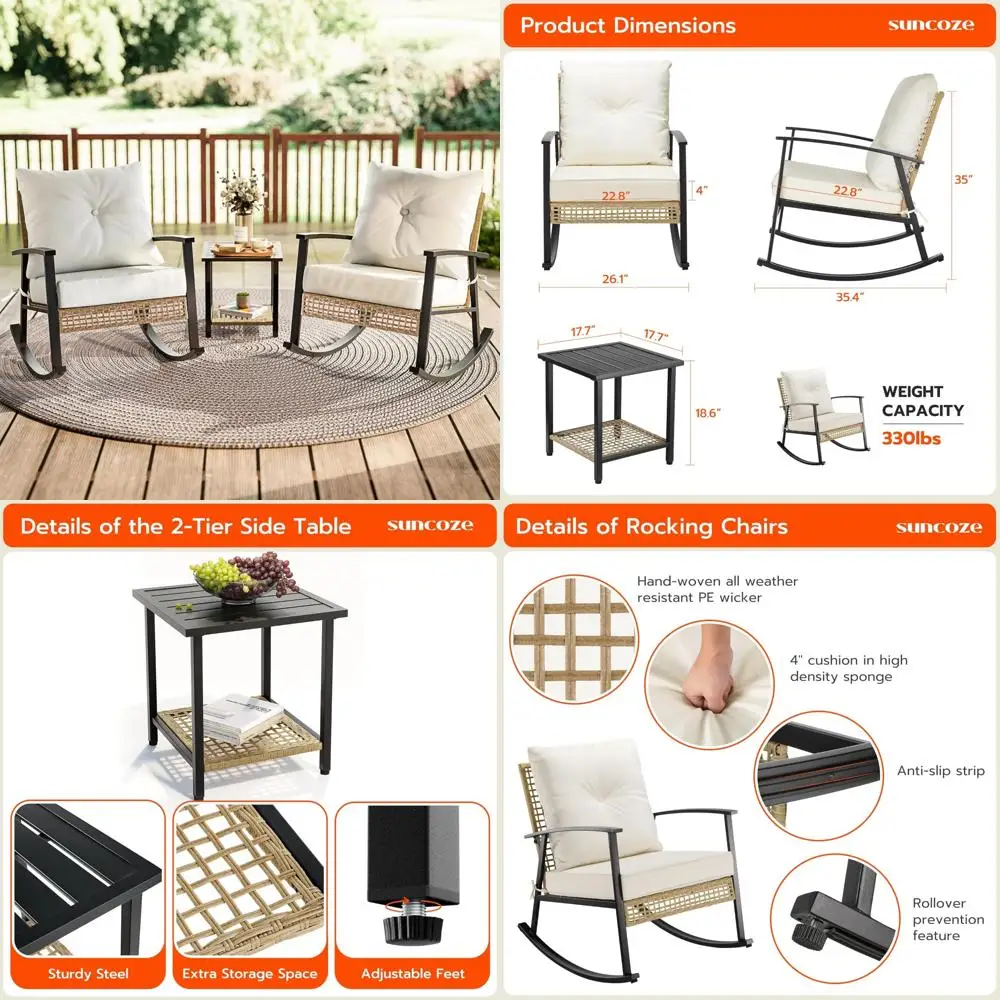 

"Комплект уличной мебели из 3 предметов с креслами-качалками и журнальным столиком, большой набор кресел-качалок для патио"