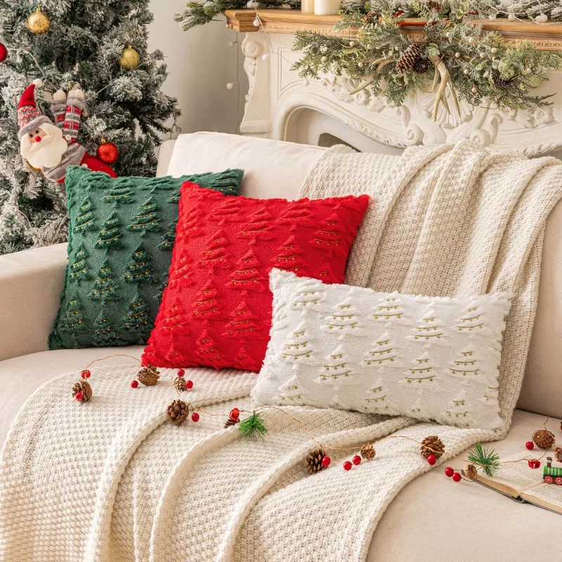 Christmas Pillow Cover with Embroidered Tree String Lights Decorative Cushion Case Living Room Sofa Festive Holiday Throw Pillow