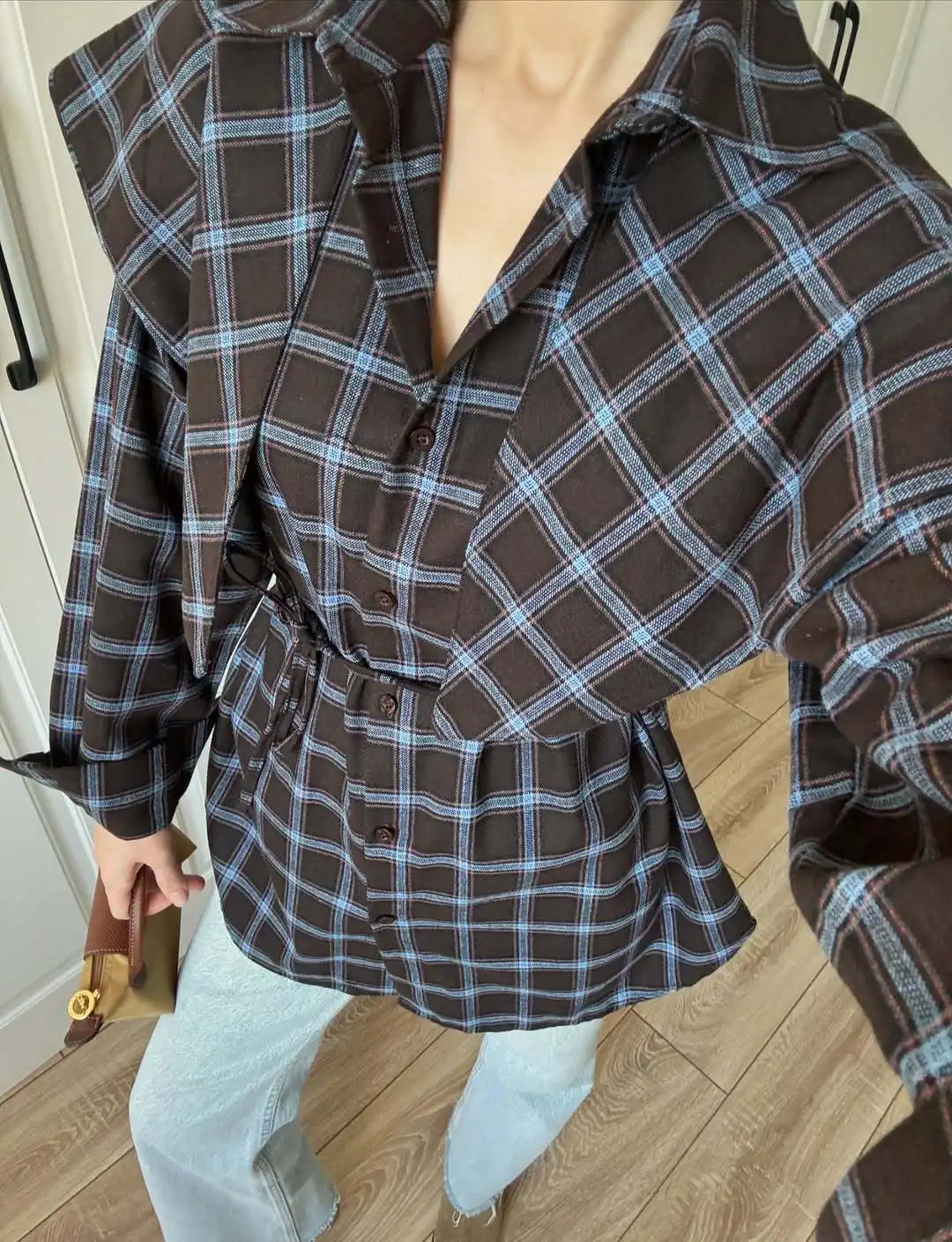 

Женская повседневная рубашка в рубчик темно-синего цвета с коротким рукавом, в клетку, с отложным воротником, на пуговицах, с завязками, приталенная, новинка 2026 года, для офиса