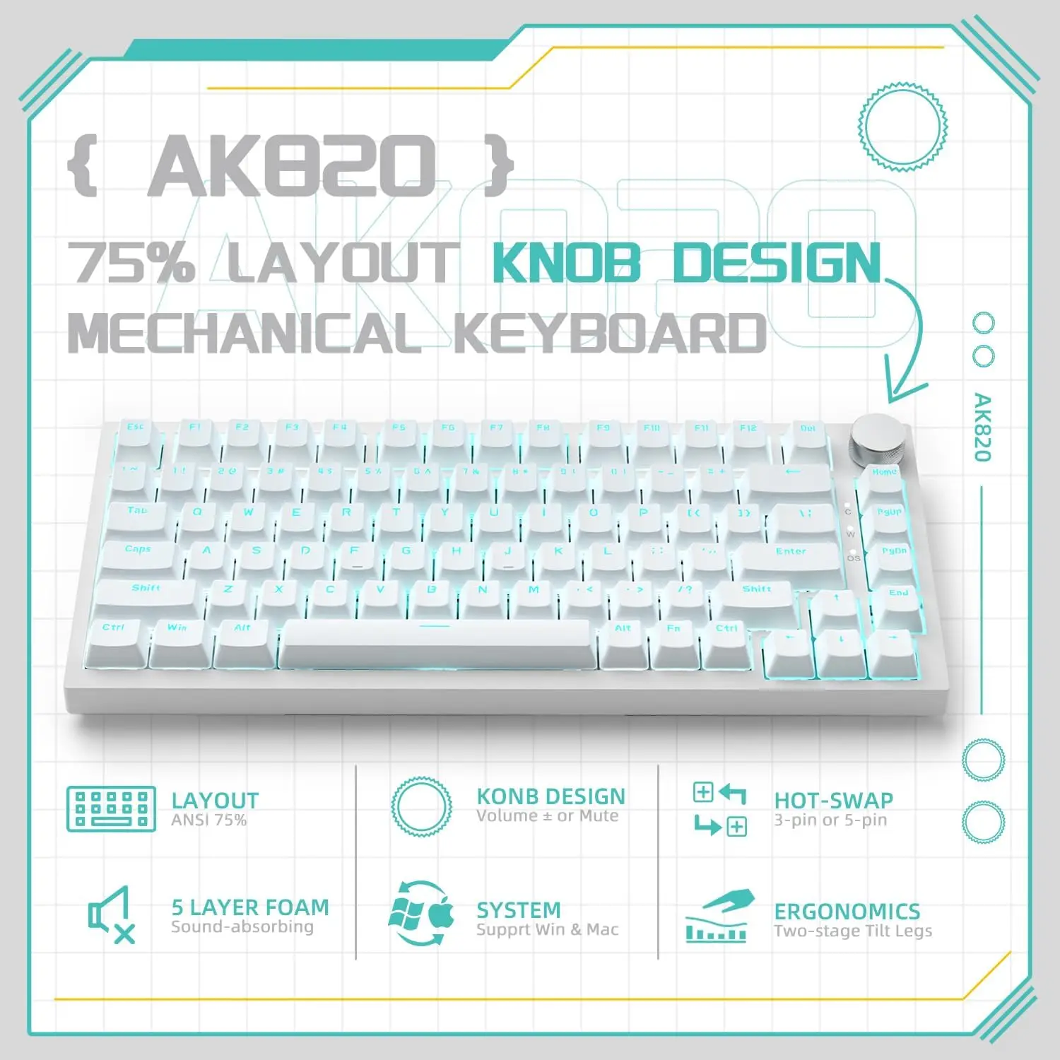 Clavier mécanique filaire AJAZZ AK820 75% : échangeable à chaud, rétroéclairage RVB, commande par bouton |   Pour le bureau et les jeux