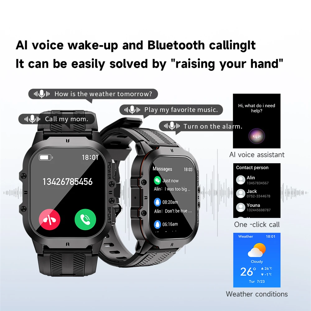 New C26 Smart Watch 100+ Sports Modes Bluetooth Call Smartwatch 1.96" AMOLED Display 1ATM Waterproof Outdoor Military Wristwatch 6