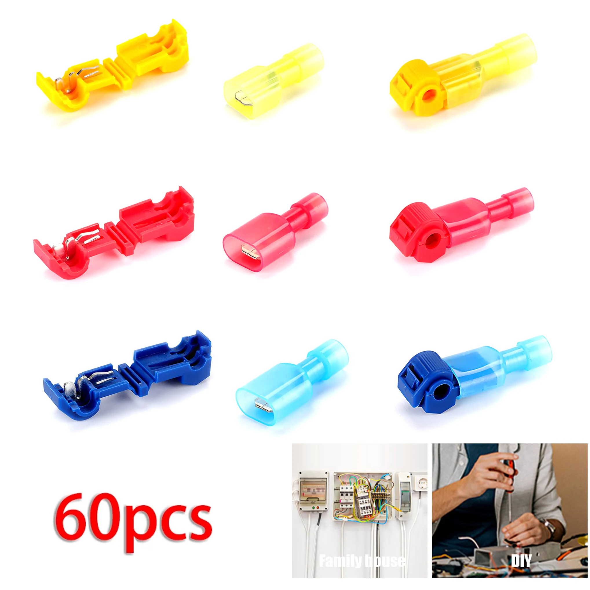 60PCS T-Tap Type Electrical Connector Crimp Terminals Connectors Splice Insulated Male Female Terminals Fast Wire Terminal