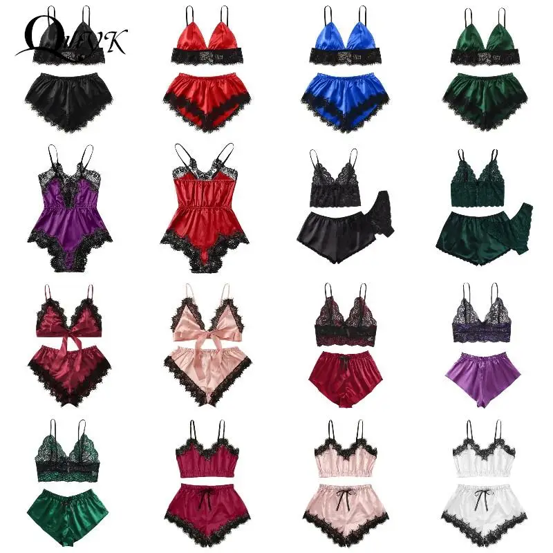 5 Styles Lingerie Sexy Bra Set Women\'s Sleepwear Sleeveless Strap Lace Trim Satin Cami Tops Pajama Sets Bras Women Brief Sets