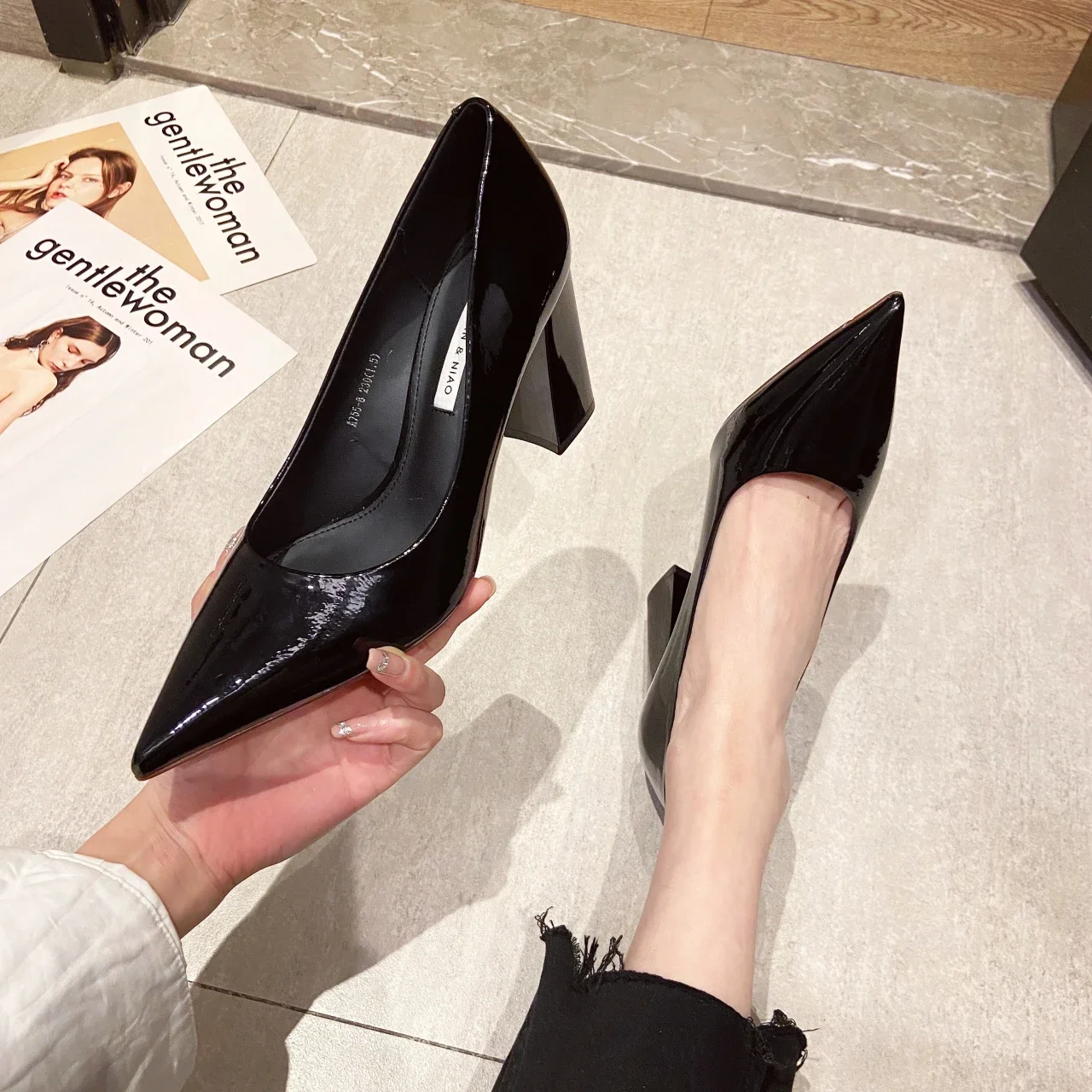 Women Shoes Patent Leather Slip-On Chunky Heels High Heels Women Temperament Pointed Toe Shallow Sexy Wedding Shoes Pumps