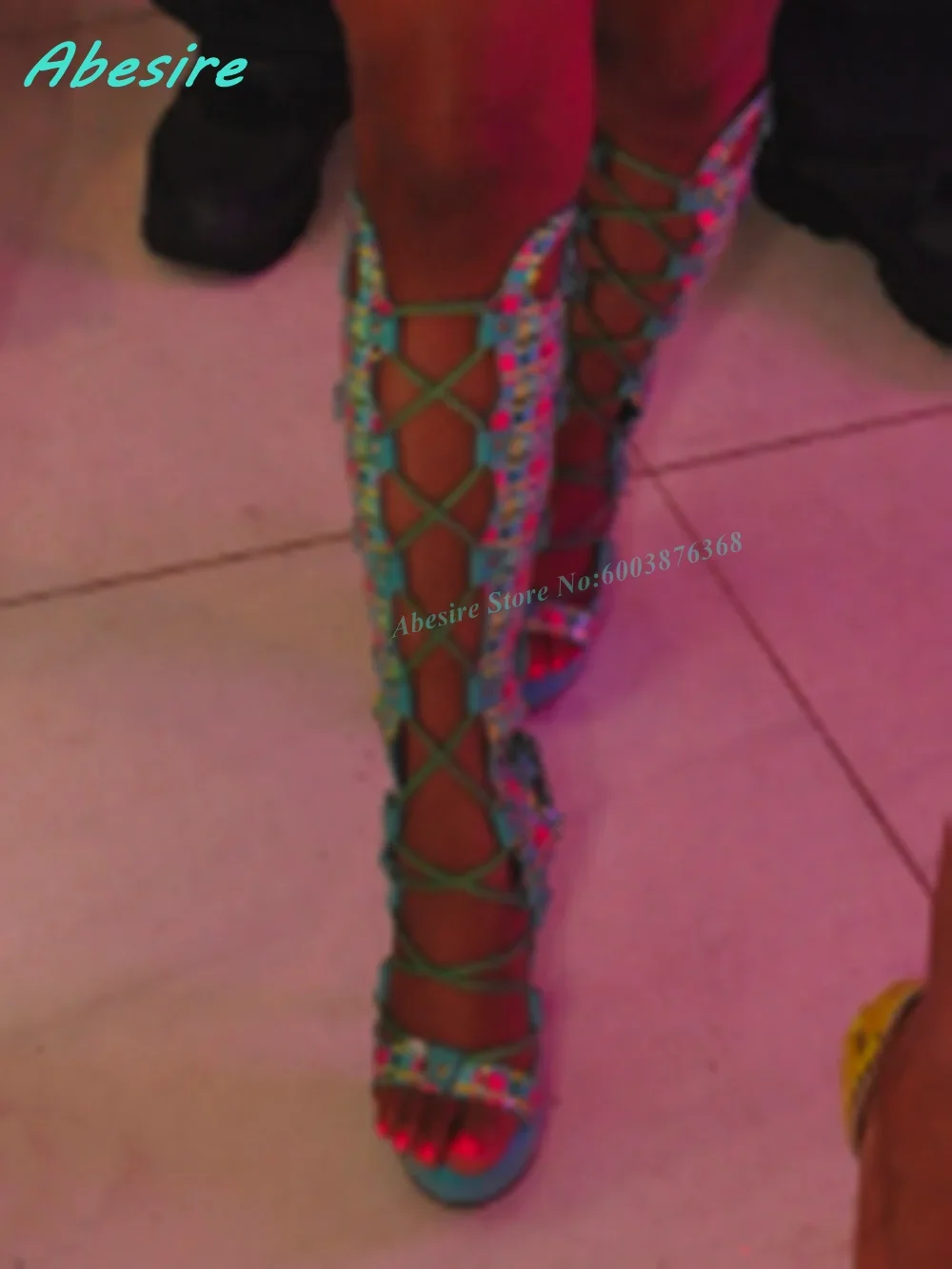 Mixed-Color Cross-Tied Open Toe Stiletto Heels Women's Gladiator Sandals Platform Lace-Up Sandals Patchwork Runway Shoes Sexy
