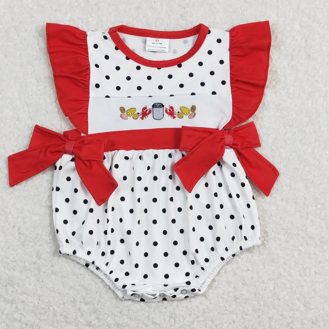 

Wholesale Baby Girl Toddler Embroidery Crawfish Romper Newborn Coverall Bodysuit Short Sleeves Red Bows Jumpsuit Kids One-piece