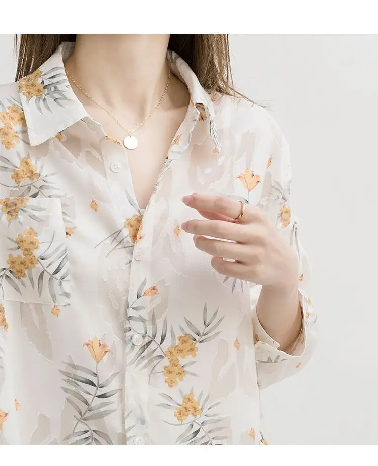 Französischer Stil, elegante, leichte Chiffon-Bluse, Damen-Kragen, florales, trendiges Oberteil