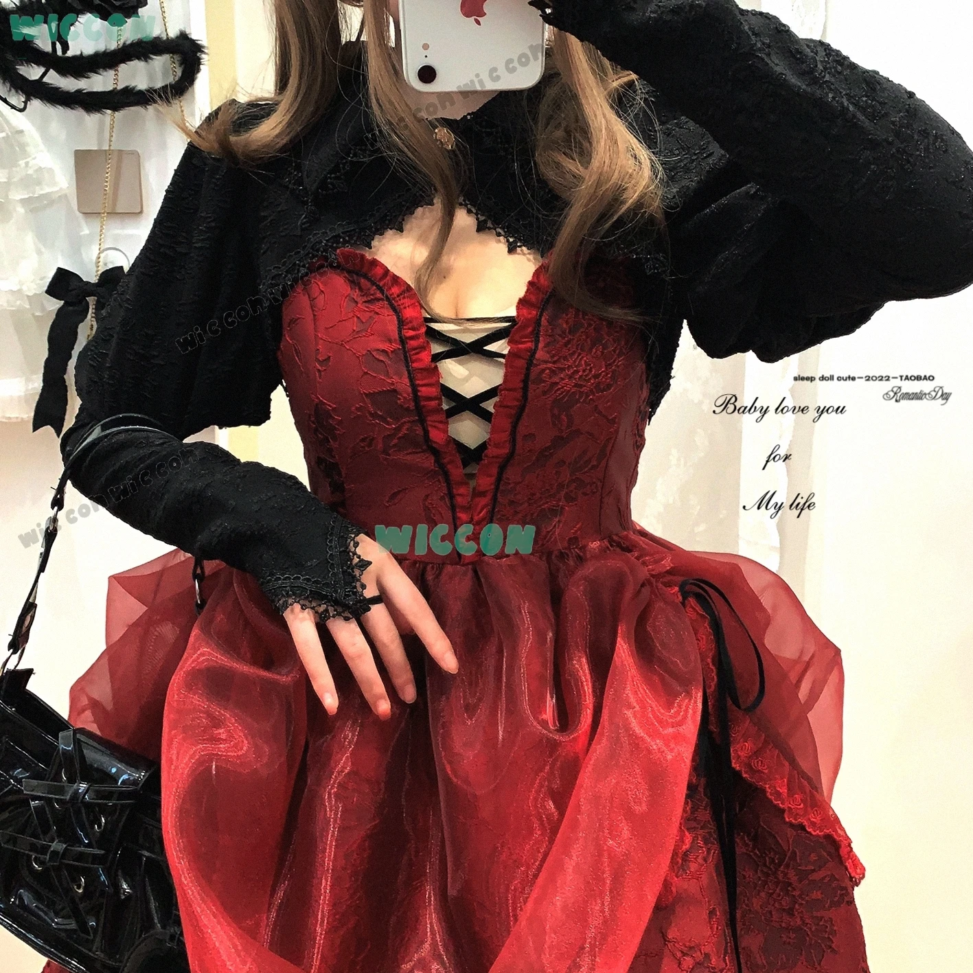 Dragon Official Anime Jacquard Organza Cosplay Dress Deep V Neck Lift Hem Jirai Style Cute Sweet Kawaii Lolita Outfit for Women