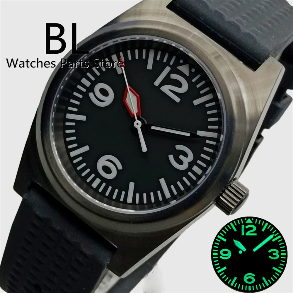 BLIGER 38mm Pilot Watch For Men NH35A PT5000 Movement Square Case Sapphire Glass Black Dial C3 Luminous Rubber Strap Waterproof