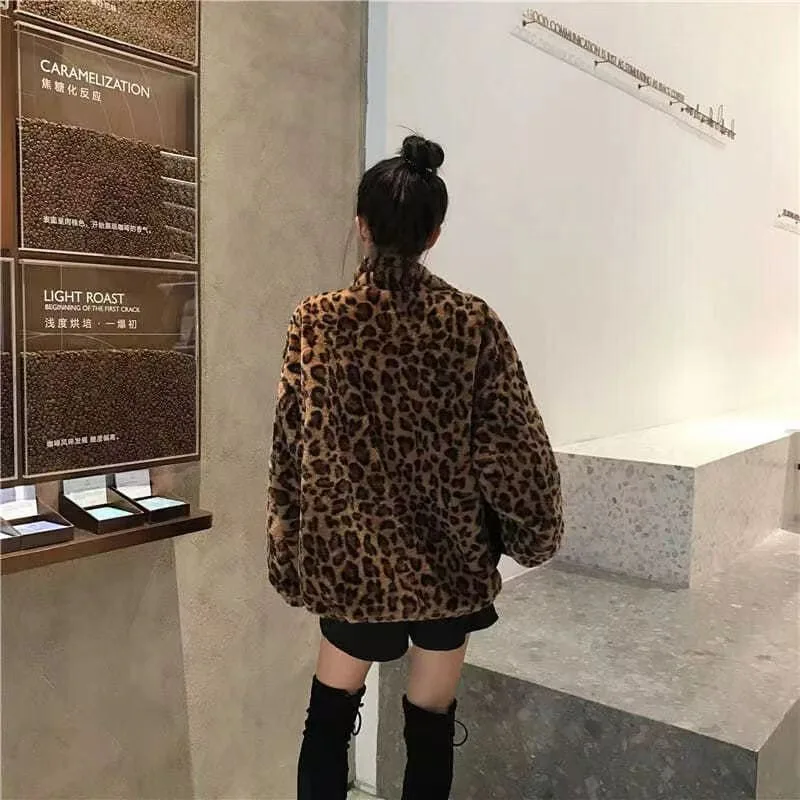 Women Vintage Leopard Stand Collar Zipper Outwear 2023 Winter Jacket Lady Loose oversized Fuzzy Coats Female Casual Streetwear