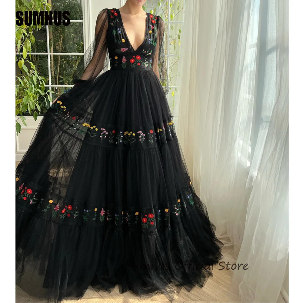 

SUMNUS Embroidery Tulle Dotted Evening Dresses Puff Long Sleeves V Neck Floor Length Prom Gowns Black Special Occasion Dress