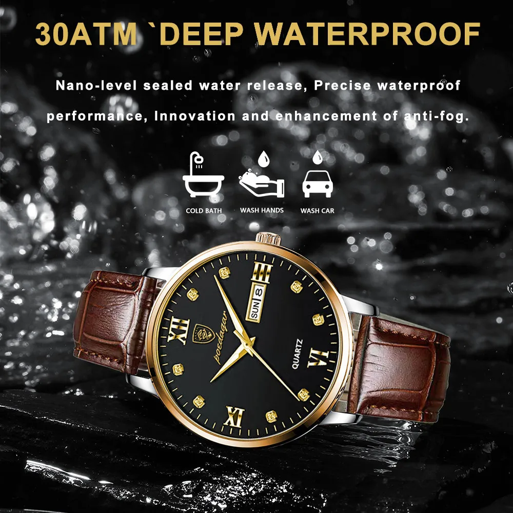 POEDAGAR-Reloj de pulsera de cuero para hombre, cronógrafo de cuarzo, deportivo, resistente al agua, Masculino + caja