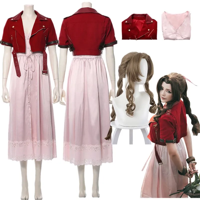 Women Fantasy Aerith Gainsborough Cosplay Costume Adult Disguise Dress Coat Necklace Wig Outfits Halloween Carnival Party Suit