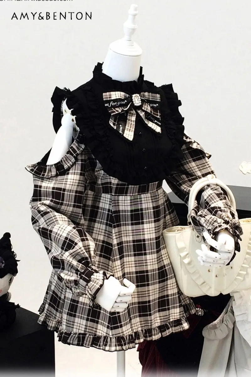 

Mine Series Off-Shoulder Ruffle Bow Lace Lolita Sets Japanese Mass Production Sweet Beaded Rhinestone Slim Mini Dress Shorts