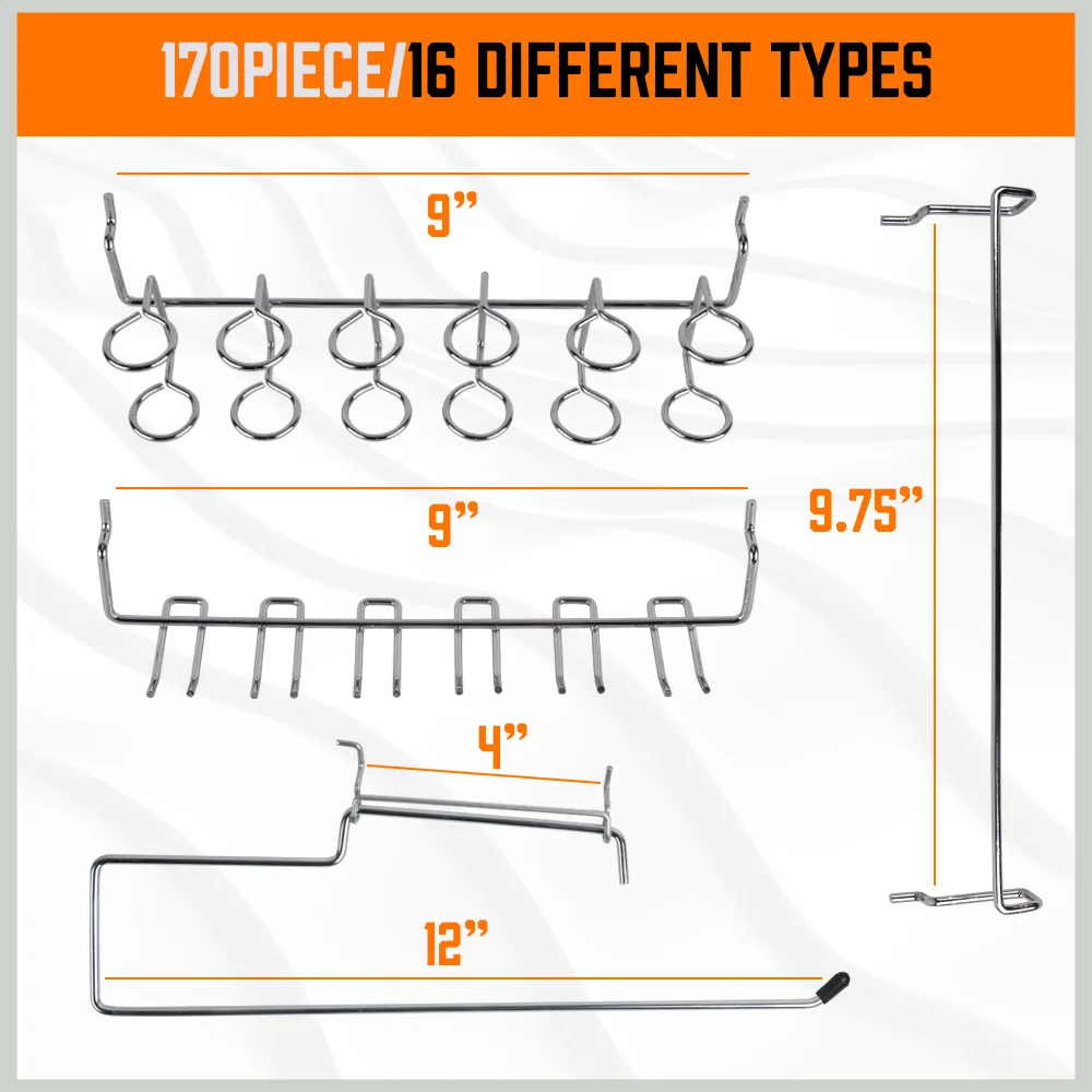 170Pcs Pegboard Hooks Assortment Set, Metal Peg Board Hooks Assorted Size Heavy Duty Wall Organizer for Garage Workshop Storage