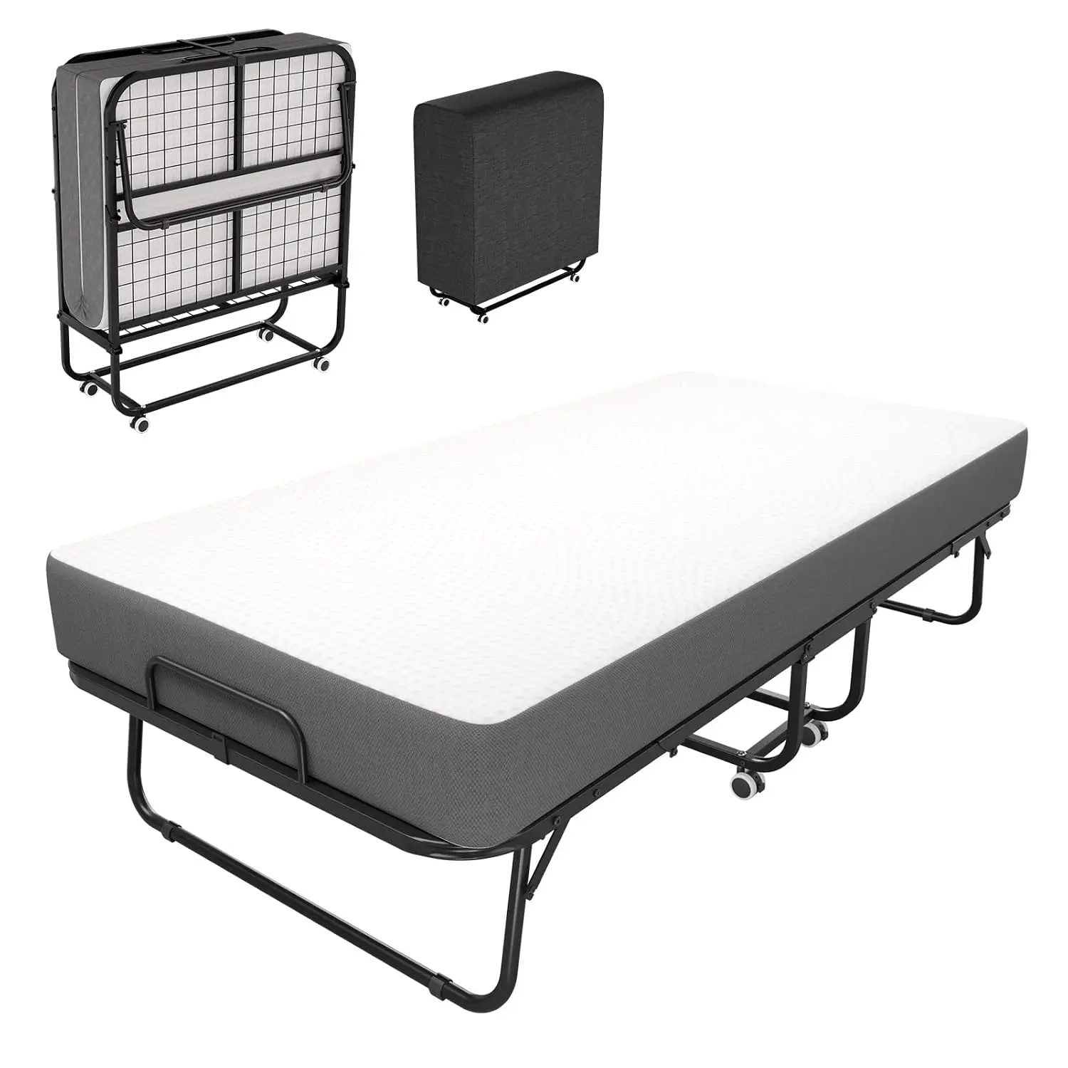 Folding Bed with Mattress for Adults,Roll Away Foldable Bed, Portable Rollaway Bed with 5-inch Memory Foam Mattress, Custom