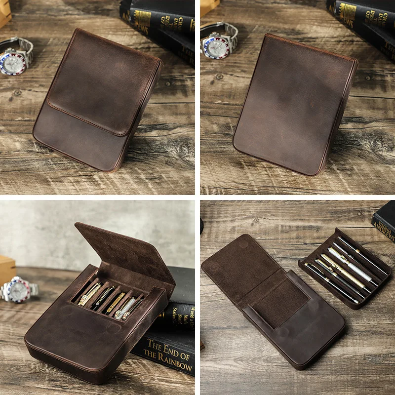Handmade Crazy Horse Leather Pen Case 6 Slots Magnetic Drawer Pen Box Vintage Leather Fountain Pen Storage Organizer For Student