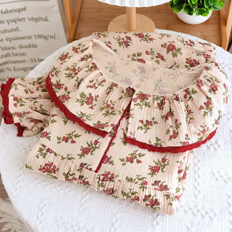 

Summer Pure Cotton Gauze Women's Pajamas Thin Retro Long-sleeved Trousers Cotton Gauze Loungewear Loose Can Be Worn Outside