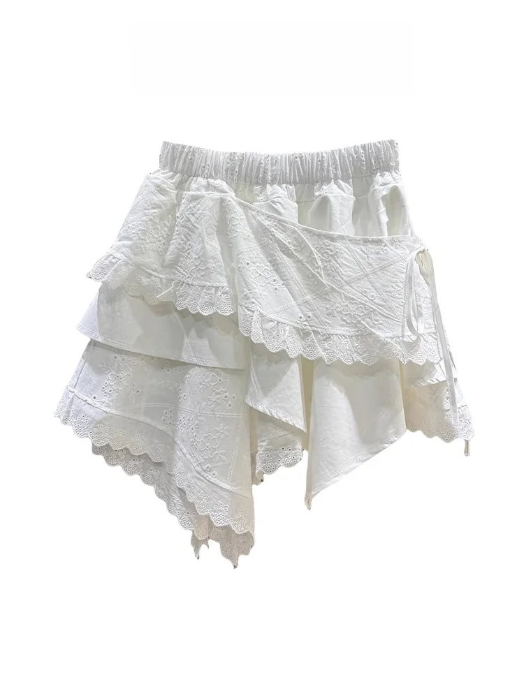 

White Irregular Lace Cake ort Skirt Women's Summer New Sweet Bow Fulln High Waist f-length Skirt Korean Sle Commute