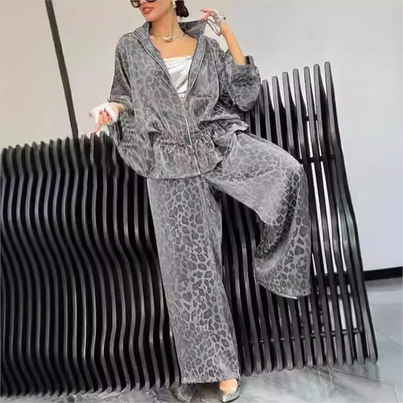 Spring Autumn Fashion Leopard Print 2 Piece Sets Women Fall Lapel Zipper Drawstring Coat Wide-leg Pants Outfit  Long Sleeve Suit