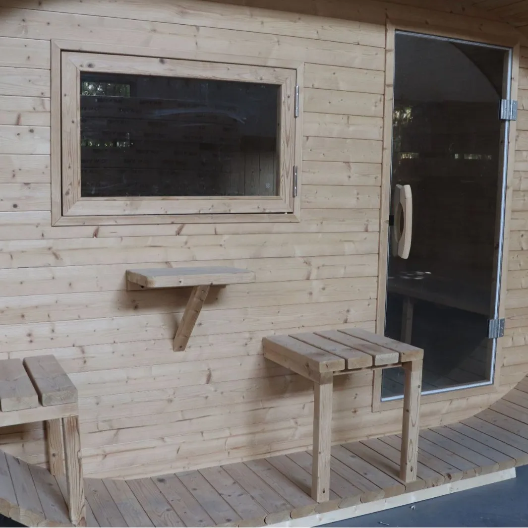 log color oval barrel sauna, household multi-person dry steam room, outdoor courtyard solid wood steam room with glass