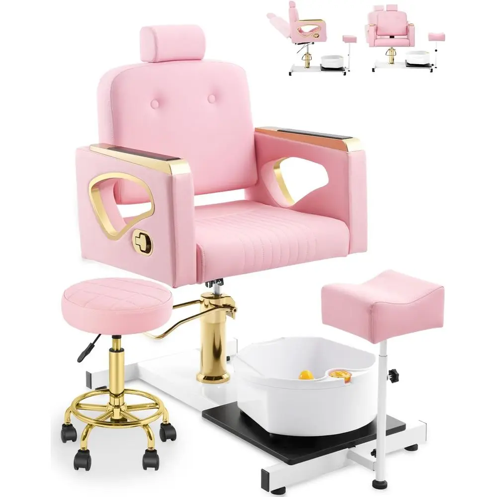 Adjustable Foot Spa Pedicure Chair with Rolling Stool, Portable Station in Pink for Queen