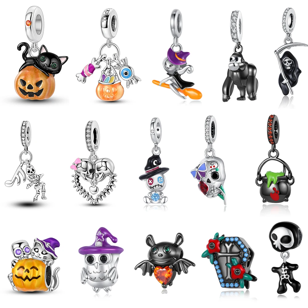 

Halloween Series Skull Beads Black Cat Luminous Pumpkin Dangle Charm Fits Original Bracelet 925 Sterling Silver Funny Pendant