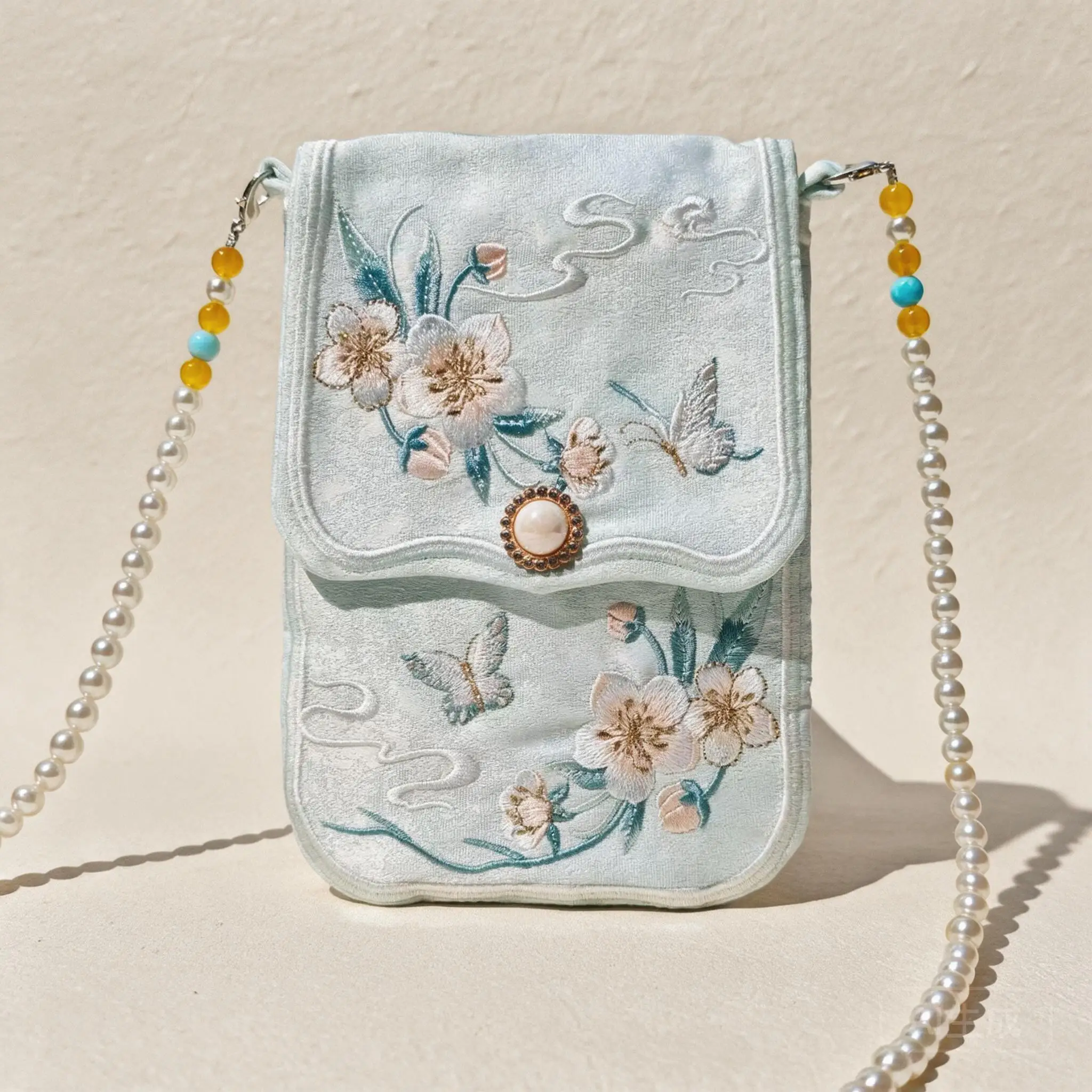 Women Vintage Palace Style Chinese Hanfu Embroidered Flower Butterfly Crossbody Bag Pearl Strap Small Phone Purse For Daily Use