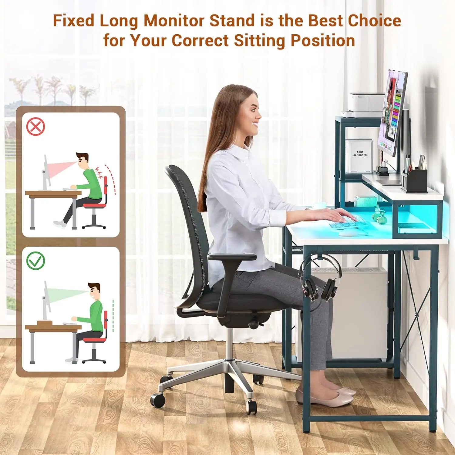 2024 Upgrade Gaming Desk with LED Lights, Computer Desk with Long Monitor Stand, 40"/47.2'' Reversible Laptop Table with Storage