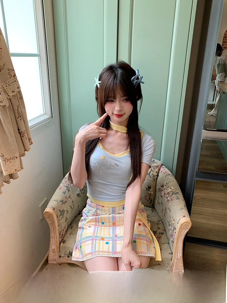 Sweet Style Plaid A-Line  Skirt High Waist Women's Summer Polyester Fiber Traveler  Fabric Pig Half Skirt