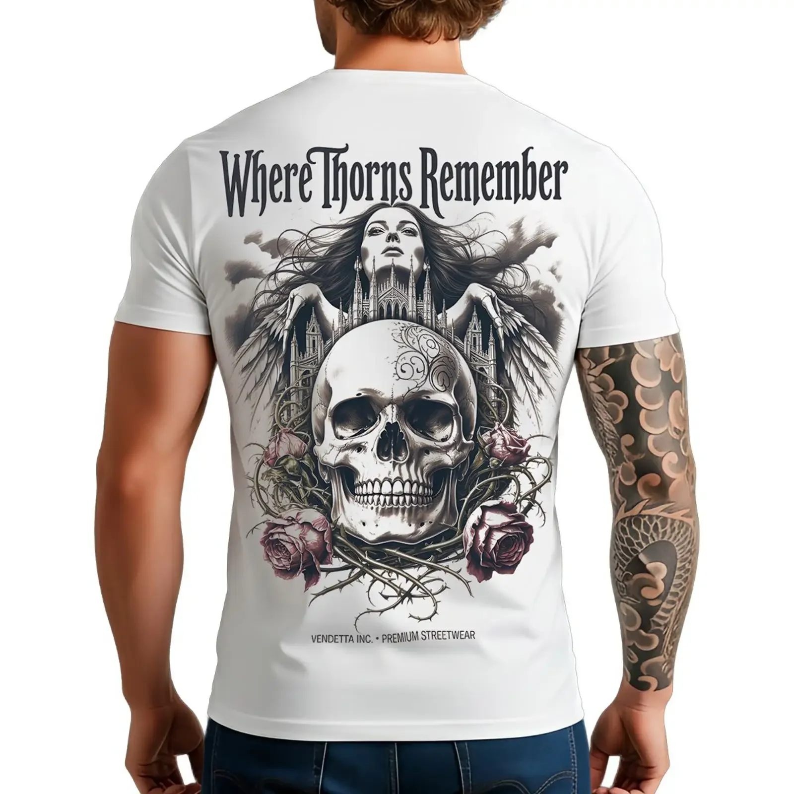 Vendetta Inc Herren T Shirt Thorns Remember Weiß Totenkopf Skull VD 1547 S 5XL vintage Washed Soft designer clothes Casual