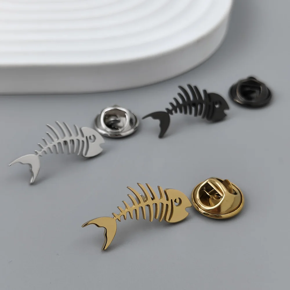 Cartoon Fishbone Stainless Steel Brooches Pin Men Clothes Jackets Shirt Collar Pin Personality Badge Fantasy Gifts Jewelry