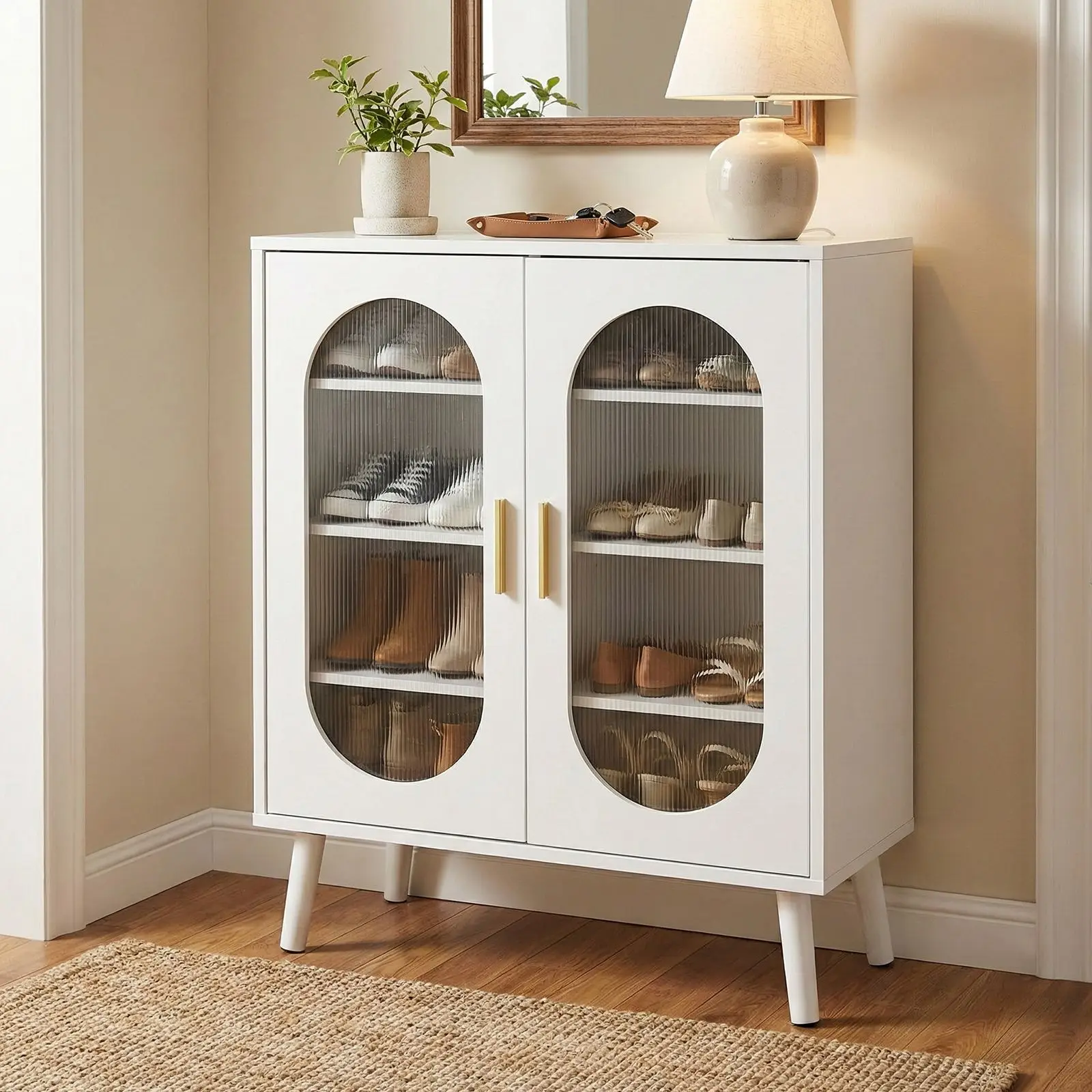 Two-door, polycarbonate sheet shoe cabinet with four internal layers, USB LED strip, and 24 adjustable buttons. Made of particle
