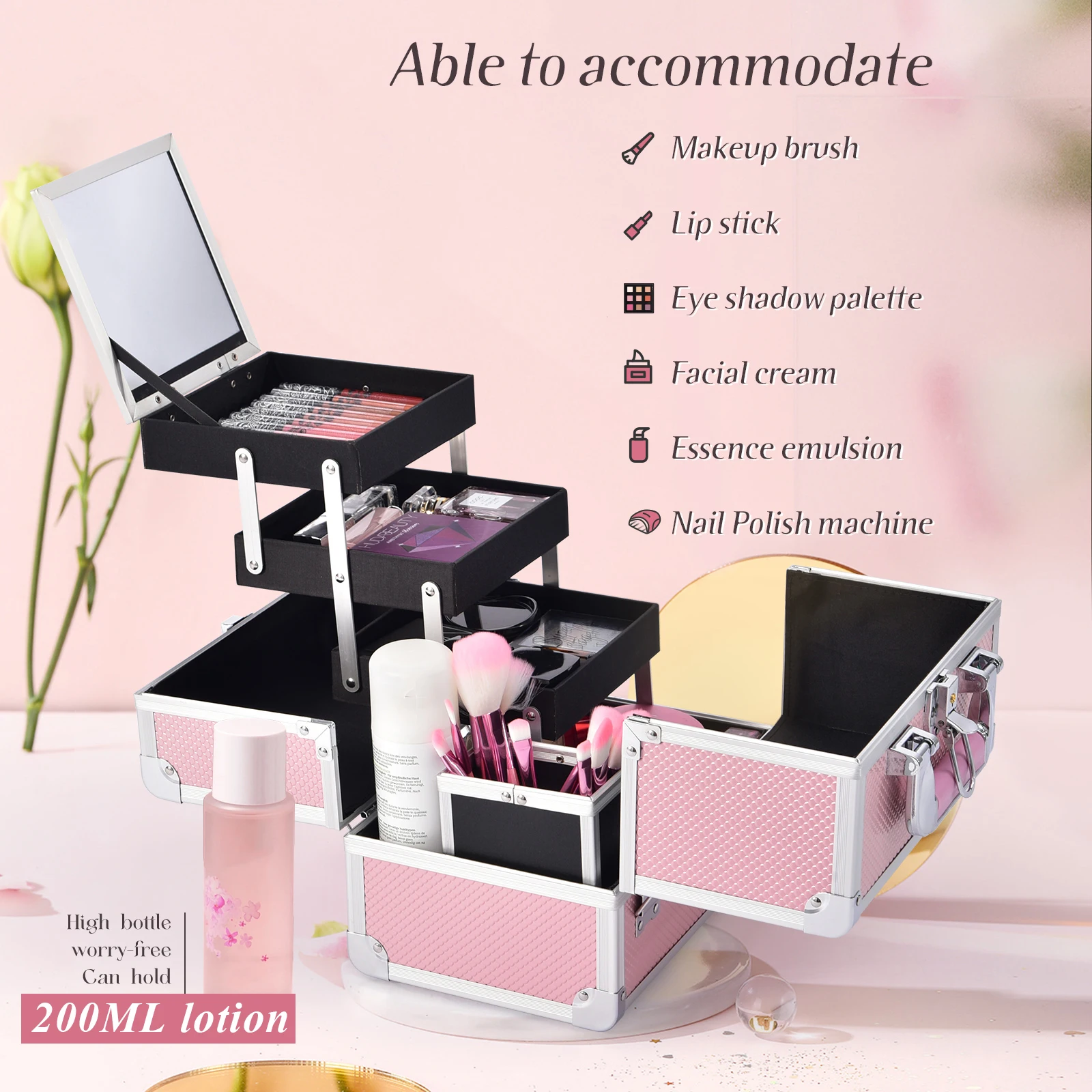 Joligrace Professional Makeup Suitcase Portable Large Capacity Make Up  Case Box with Cosmetic Brushes Holder Mirror Lockable