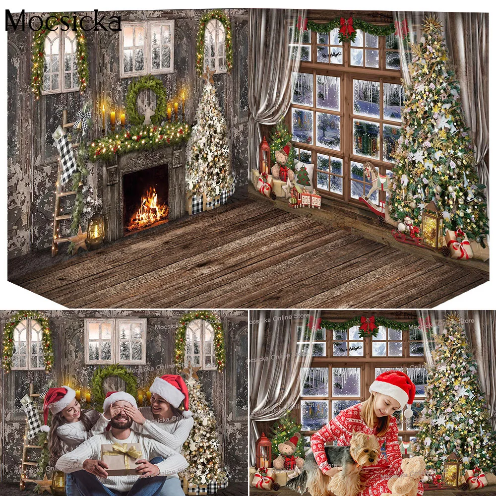 

Rustic Wood Christmas Room Backdrop Decor Winter Family Portrait Photography Fireplace Window Snow Wonderland Photo Background