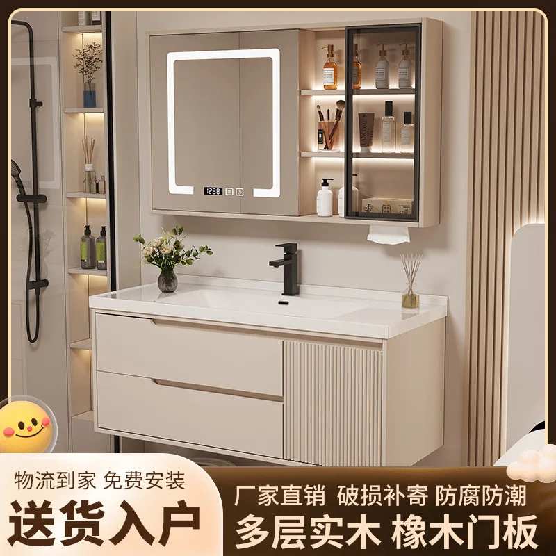

Integrated thickened oak smart bathroom cabinet combination ceramic basin bathroom cabinet wall cabinet floor