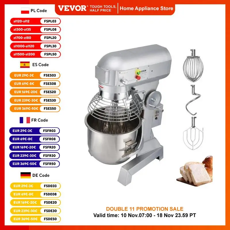 VEVOR Teigknetmaschine Küchenmaschine, 15 Qt Edelstahl Teigmixer, 600 W, einstellbar (130/233/414 U/min), inkl. Edelstahlschüssel, Knethaken, Schneebesen, Rührbesen, ideal für Bäckereien, Restaurants