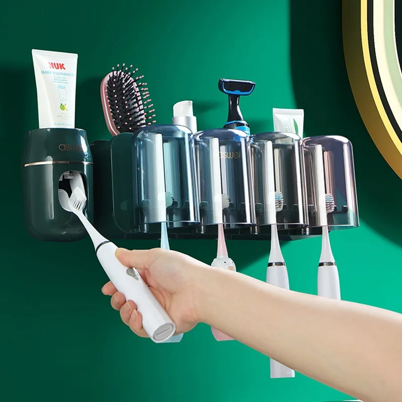 Toothbrush Storage Rack Brush Teeth Rinse Cup Wall Mounted Bathroom Hole Free Wall Mounted Electric Toothbrush Toothbrush Set