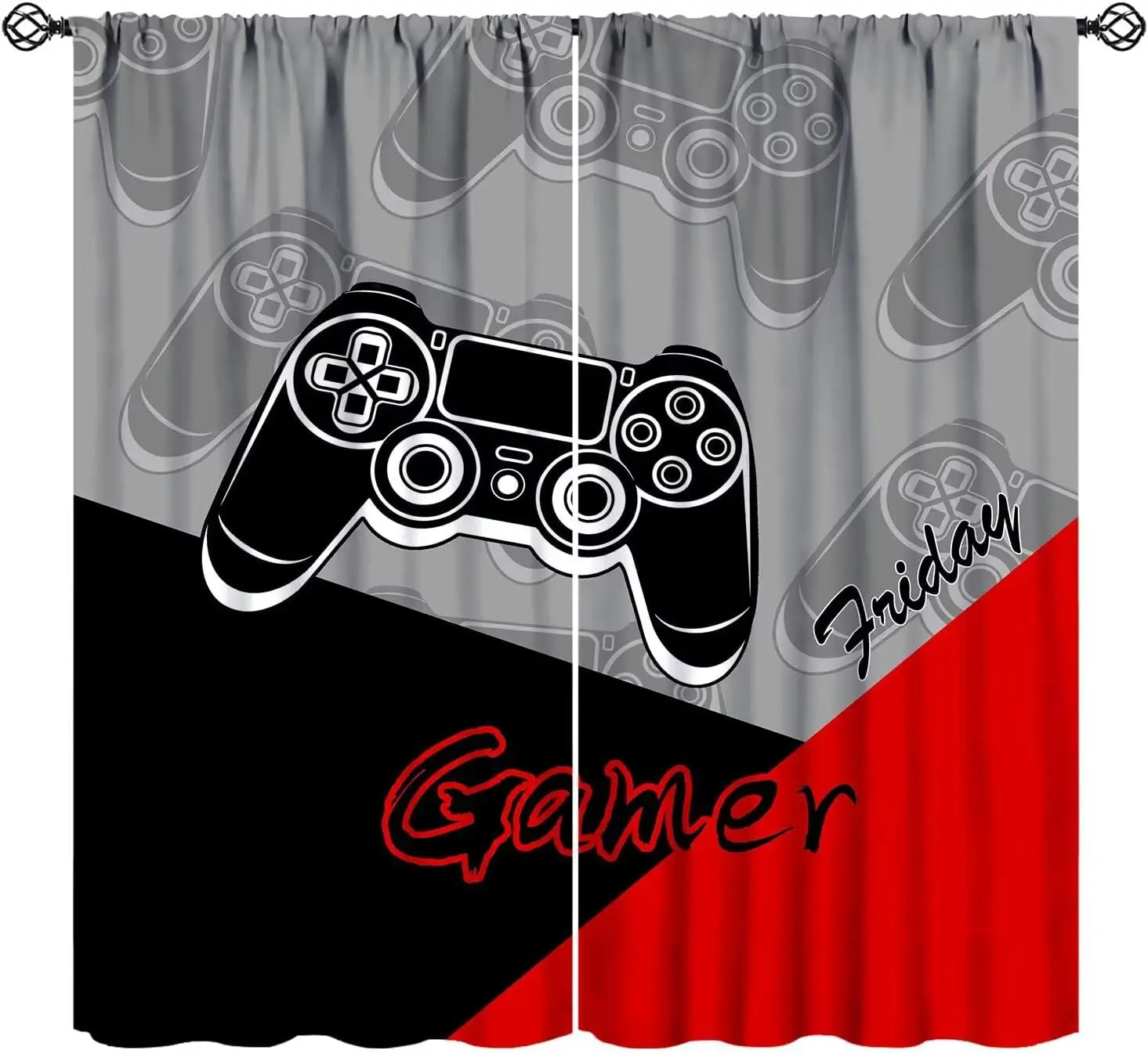 Gamer Curtains for Boys Girls Game Bedroom, Gamepad Black Red Grey Art Printed Blackout Window Drapes for Living Room Kitchen