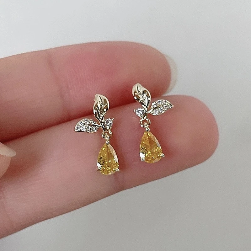 

925 Sterling Silver Chic Zircon Water Droplet Leaves Pendant Stud Earring for Women Fine Jewelry High Luxury Vintage Accessories