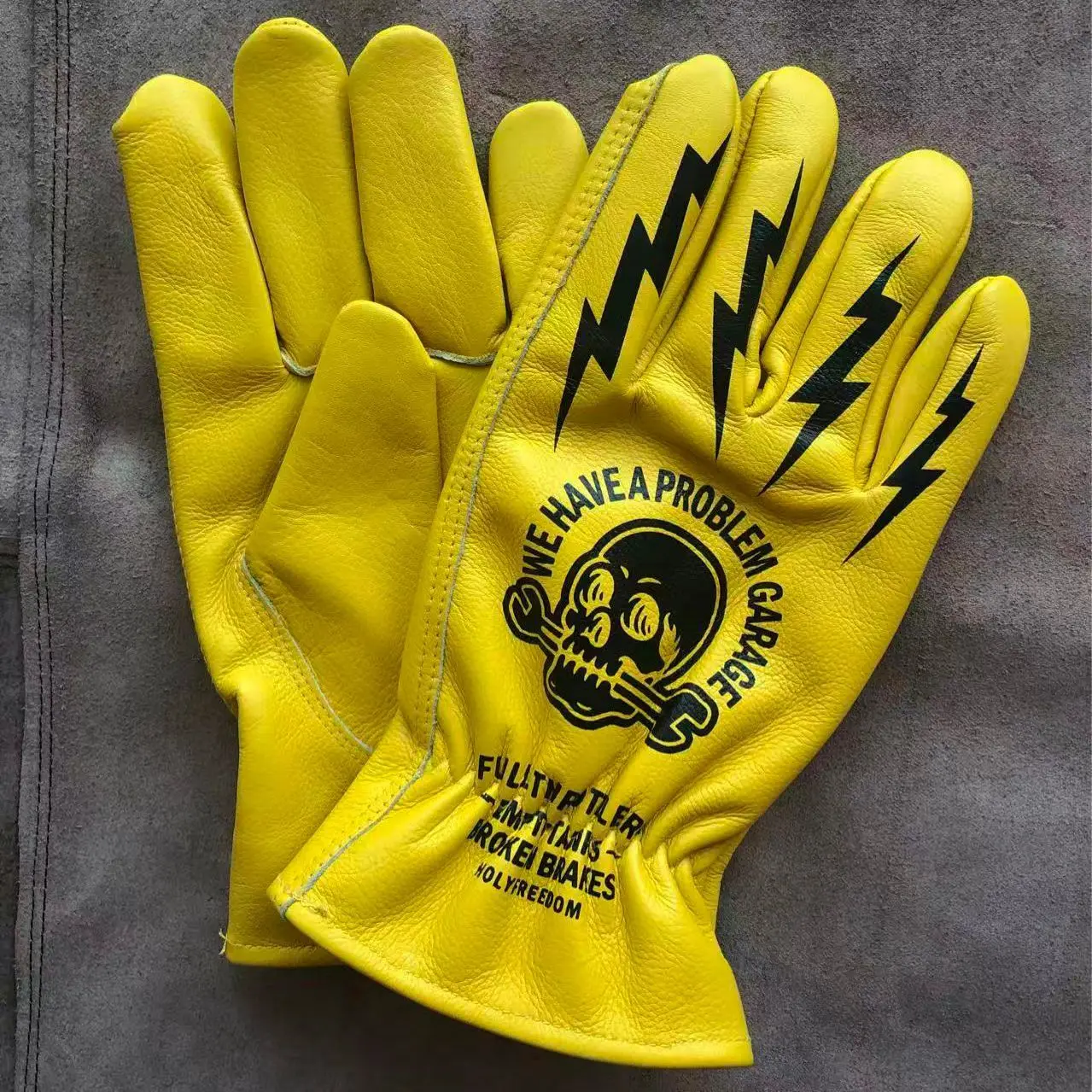 Full Grain Leather Motorcycle Gloves Men Yellow Print Vintage Winter Warm Windproof Camping Outdoor Riding Gloves