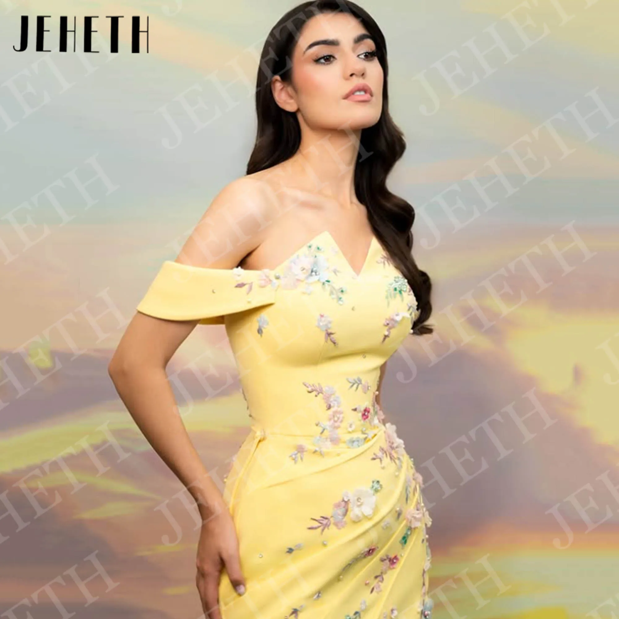 예헤스 럭셔리 머메이드 이브닝 드레스 프롬 여성 플로럴 아플리케 오프숄더 정장 파티 드레스 옐로우 맞춤 제작 이브닝 드레스고급스러운 인Mermaid Evening Dresses Prom주문을 받아서 만드는 어깨 공식적인 파티 드레스 노란색에서 여자 꽃 애플리케이션