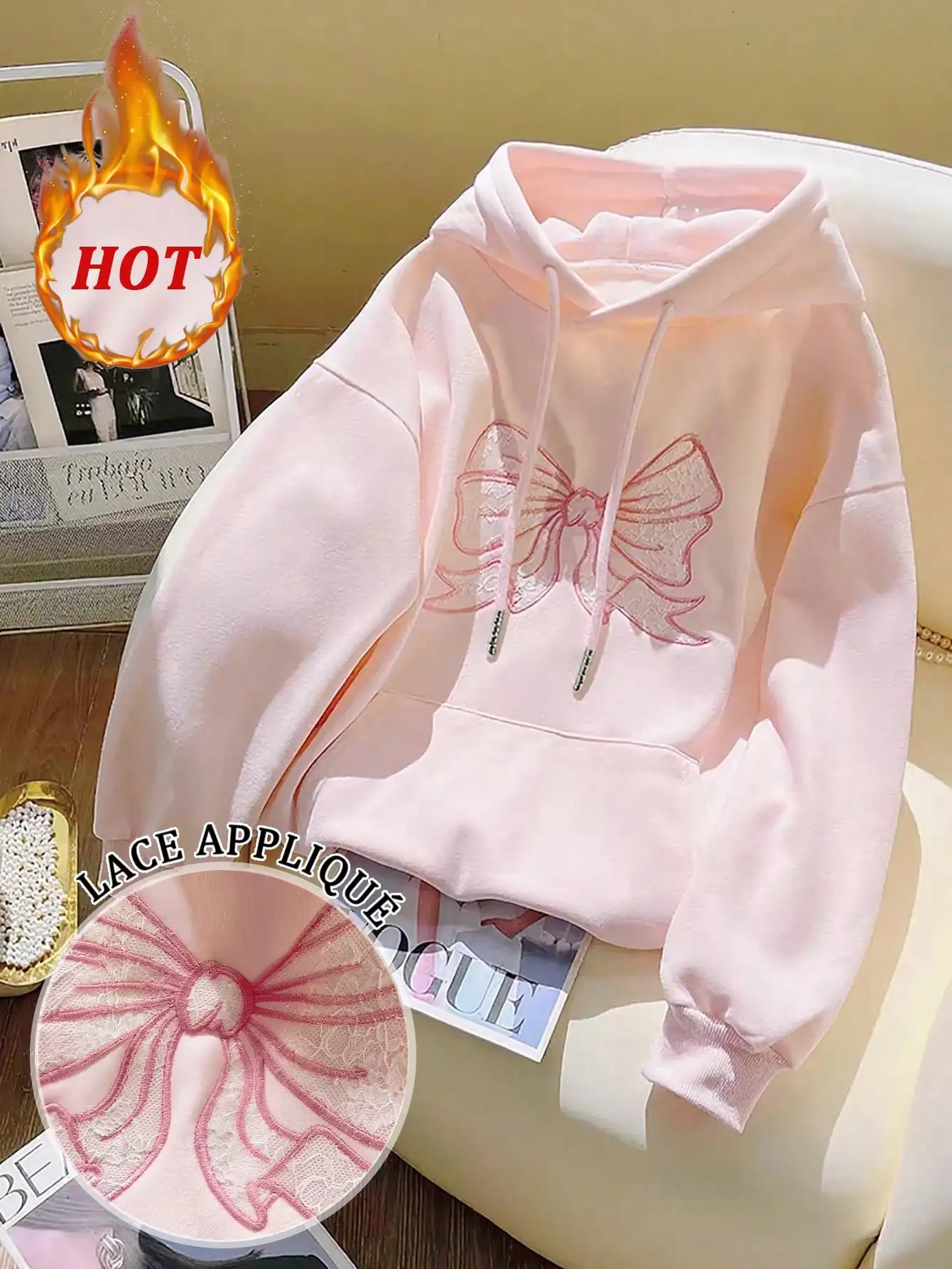 

Pink Lace Bow Embroidered Hoodie for Women, Fall Casual Sweatshirt with Drawstring Hood