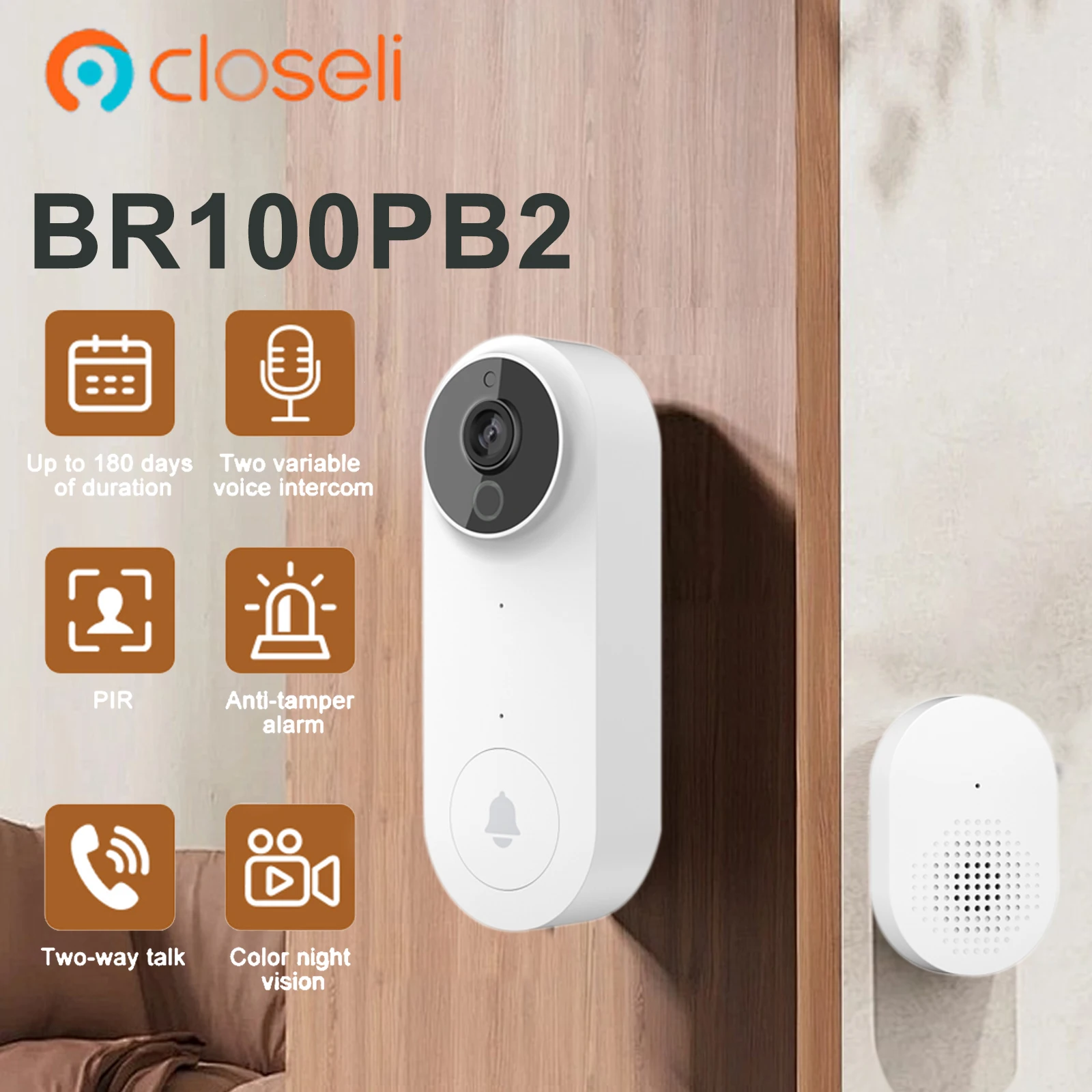 

Closeli BR100PB2 2MP WiFi Doorbell Wireless Camera Alarm Security Night Vision PIR Detection Two Way Talk Security Protection