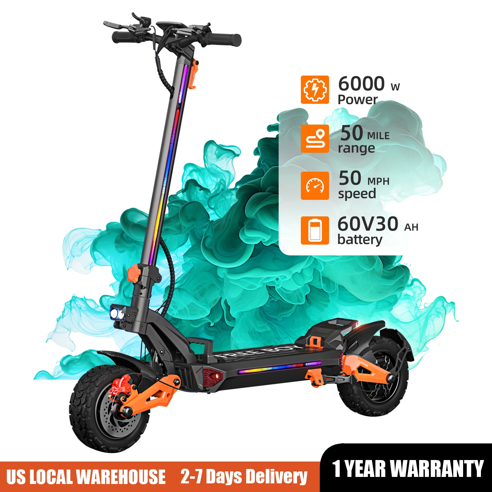 

Мощный двухмоторный электрический самокат для взрослых, 6000 Вт, дальность действия 55 миль, 11 дюймов, внедорожные шины, быстрый электрический самокат, 50 миль в час