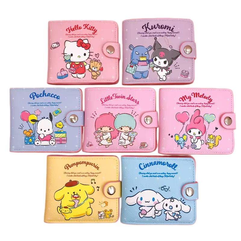 

New Casual Short Money Bag Sanrio Hello Kitty Melody Kuromi Monedero Cinnamoroll Fold Button Card Bag WalletGirl's Birthday Gift