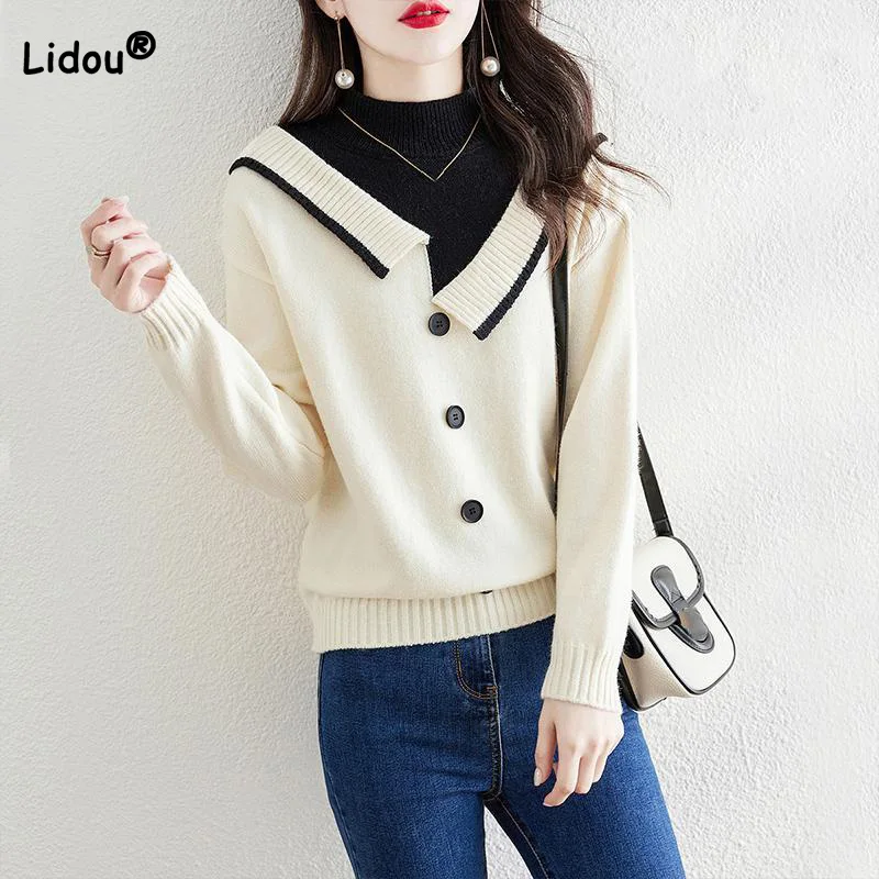 

Chic Fake Two Piece Contrast Button Knit Bottoming Shirt Autumn and Winter Half High Neck Pullover Loose Inner Layer Sweater