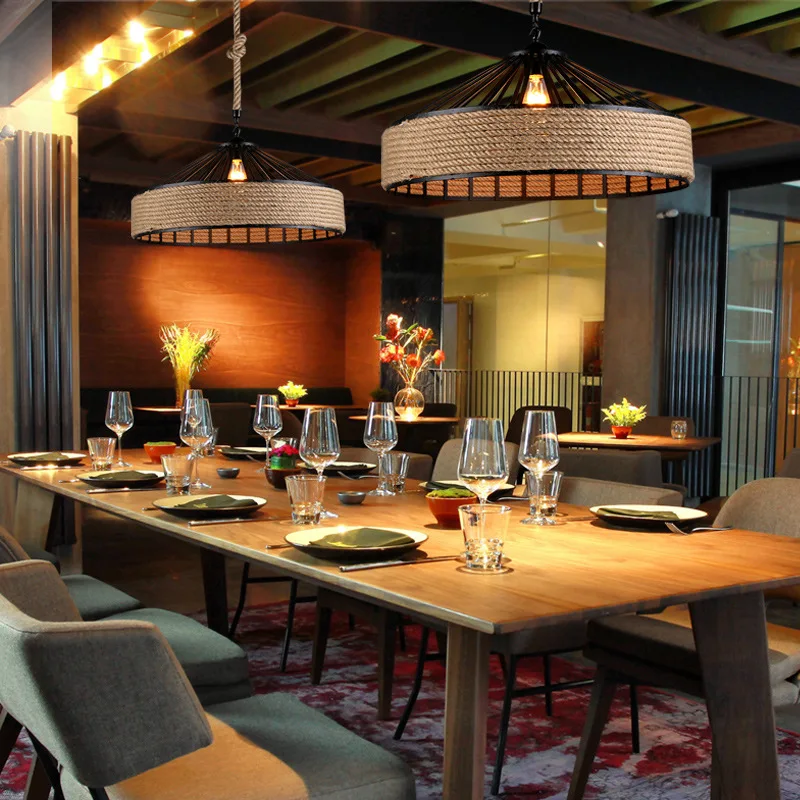 

Vintage Hemp Rope Pendant Light Restaurant LED Hanging Lamp Industrial Wind Chandelier Creative Edison Bulb Decor Pendant Lamps