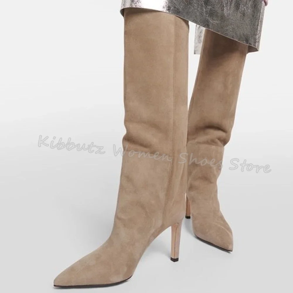 

Suede Knee-High Boot Pointed Toe Thin Heel Solid Pink Slip-On Fashion Novelty Luxury Sexy Concise Party Dress Women Shoes Newest