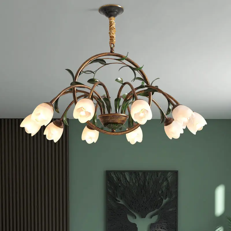 Nordic Green Vintage Villa Main Hotel Decoration Pendant Lamp French Pastoral Small Fresh Style Flower Glass Bedroom Chandelier